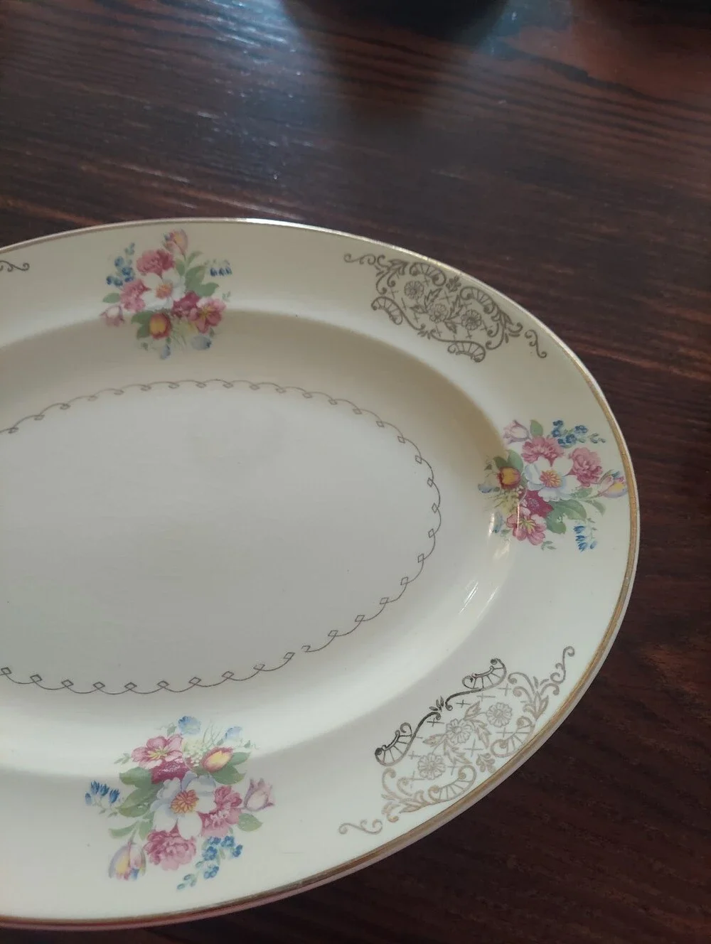 Cream Porcelain Floral Serving Platter with Gold Trim